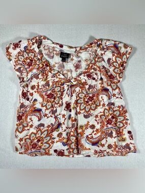 Oak & Trellis S White Red Orange Paisley Pleated Cap Sleeve V-Neck Blouse Boho